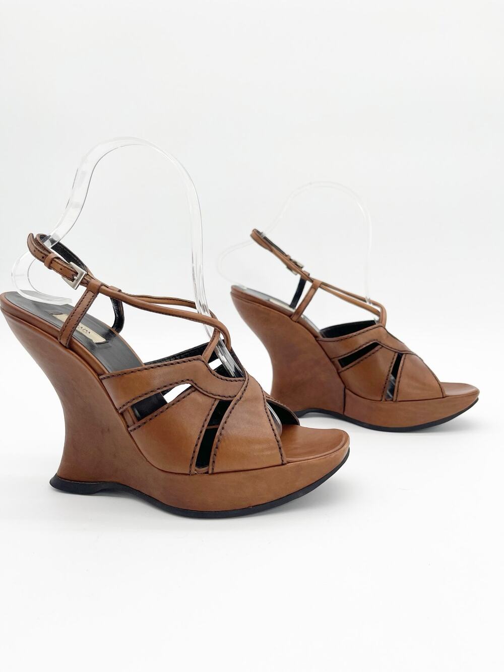 Prada Retro Vintage Y2K Brown Leather Sculptural Wedge Platform Sandals IT 38